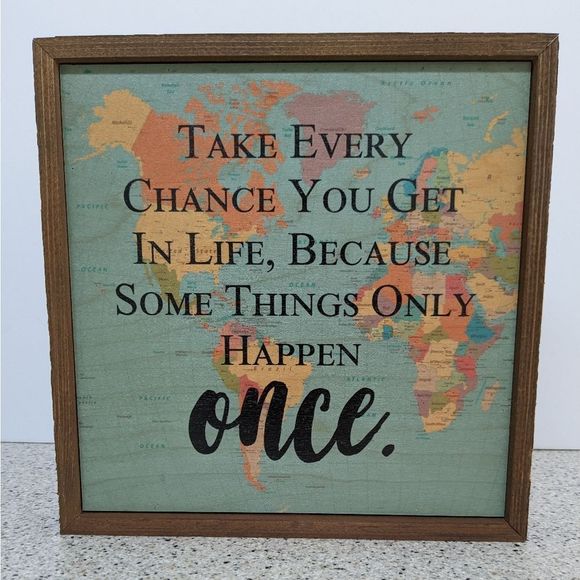 Inspirational Map Wall Art | Rustic Wood Framed Sign 10x10 | "Take Every Chance" - Picture 3 of 4